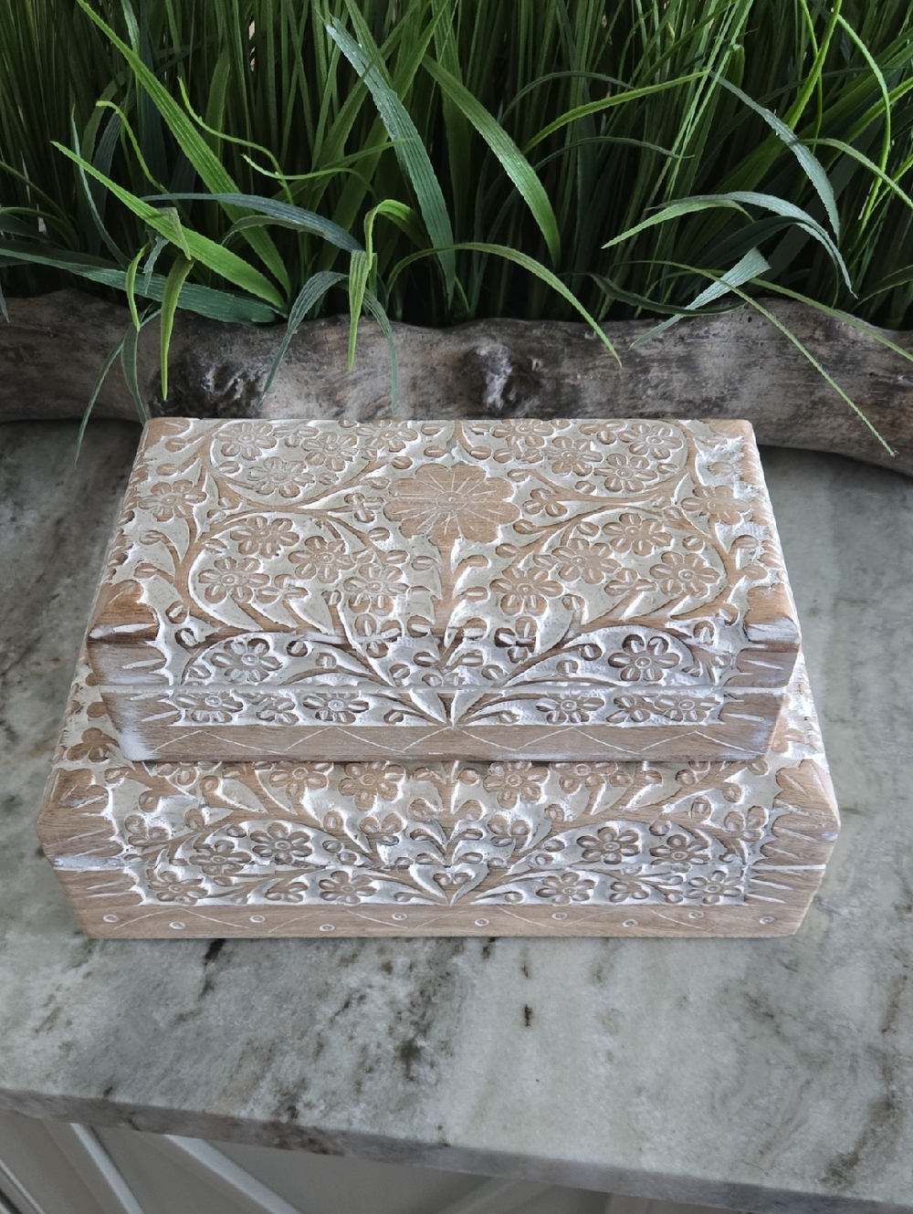 Pair of Hand-Carved Floral Wooden Boxes in Light Brown and  Whitewash, NWT